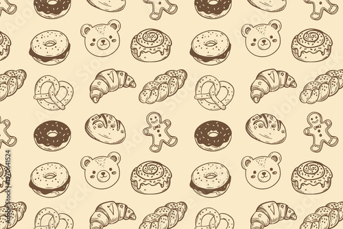 Seamless pattern of mixed bakery, croissants, and cute bear bread. Vintage hand-drawn style for food packaging and cafe branding.