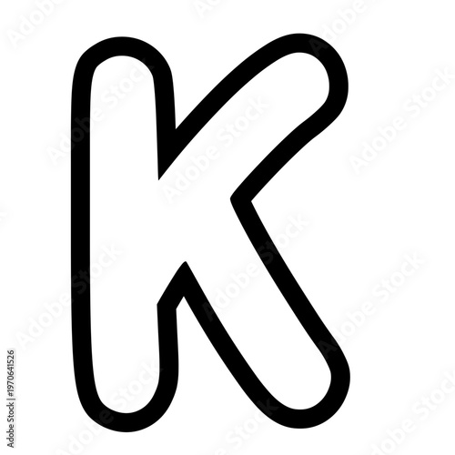 Bold outlined uppercase letter K with rounded edges, minimal cartoon style, black stroke, isolated on white background, clean typography design element.
