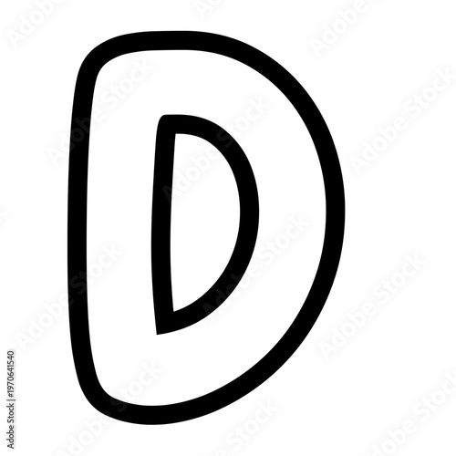 Bold outlined uppercase letter D with rounded edges, minimal cartoon style, black stroke, isolated on white background, clean typography design element.
