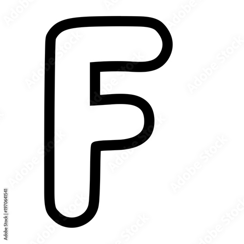 Bold outlined uppercase letter F with rounded edges, minimal cartoon style, black stroke, isolated on white background, clean typography design element.
