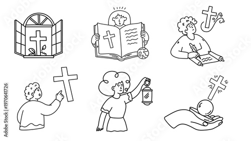 religious icons of open bible windows to heaven and a holy lantern