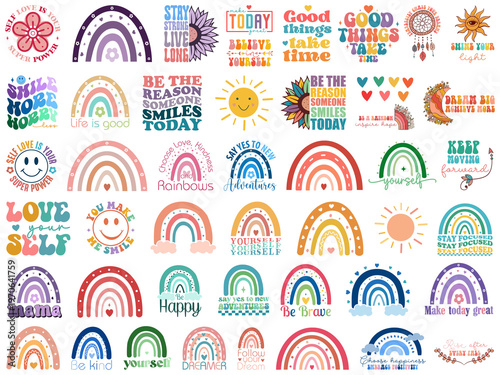 Boho Rainbow Bundle - Positive Quotes, Sunshine Smile Self Love Clipart