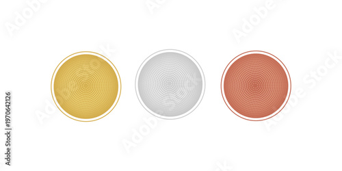 Award golden, silver and bronze blank medals 3d vector realistic illustration. First, second and third place medals or buttons isolated on white background. Vector Illustration