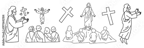 Horizontal illustration set of jesus christ with disciples and the holy cross