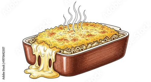 hot macaroni and cheese dish with melted cheesy overflow