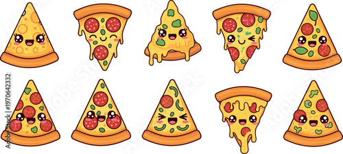 Kawaii Pizza Slice Icon Set Featuring Cute Expressions, Pepperoni, and Cheese for Fun Food Designs