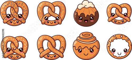 Kawaii Pretzel and Pastry Icon Set with Sweet and Savory Baked Goods for Dessert and Bakery Design