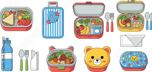 Lunchbox and Meal Prep Vector Set with Bento Boxes, Water Bottles, Cutlery, and Healthy Food