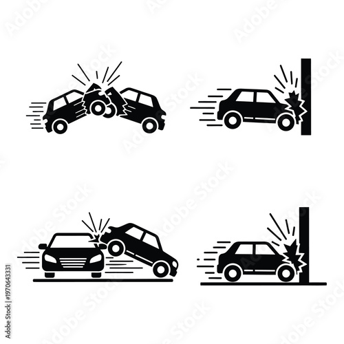 Four black silhouettes of cars crashing into each other or a pole  accidents icon