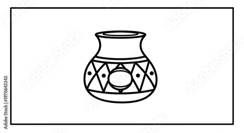 Ancient Clay Pot with Geometric Patterns and Oval Emblem, Line Art