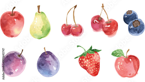 A delightful watercolor illustration featuring a vibrant collection of fresh fruits including apples, pears, cherries, blueberries, plums, and strawberries