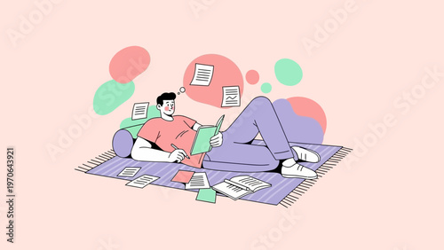 Man Reading Book Relaxing on Rug with Papers and Thought Bubbles
