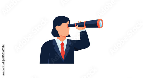 A professional businesswoman in a suit looks through a telescope, symbolizing vision, foresight, and searching for new opportunities.