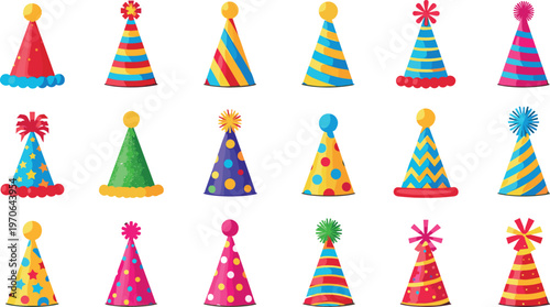 Party Hat Vector Set with Colorful Birthday Caps, Festive Patterns, and Celebration Designs
