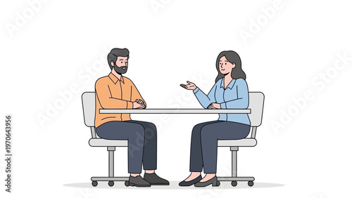 Two people discussing at a table, business meeting, interview, casual conversation