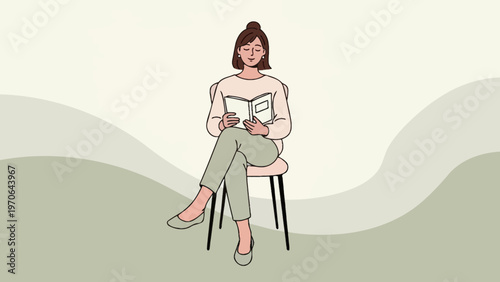 Woman reading a book while sitting on a chair, minimalist illustration, calm and peaceful scene