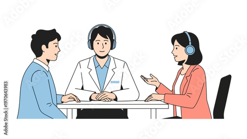 Diverse people in headphones at table, communication, interview, translation, online meeting