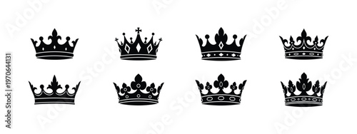 Comprehensive collection of eight black crown vector icons in various classic royal designs, suitable for diverse luxury and historical graphic applications.