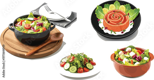 Fresh Healthy Salad Dishes Illustration Set with Salmon Salad, Vegetable Bowl and Mediterranean Diet Food Vector Collection