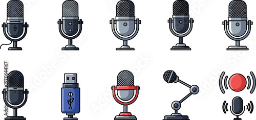 Podcast Microphone and Audio Recording Equipment Icon Set with Studio Mics USB Devices and Broadcasting Tools for Media Production Design