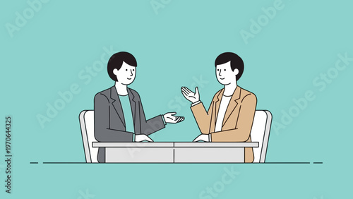 Two businessmen having a discussion at a desk, business meeting, collaboration, communication