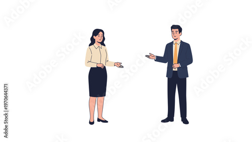 Business people talking, man and woman in office attire, discussing work, isolated on white