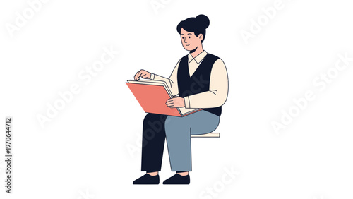 Woman reading a book, sitting on a chair, illustration, flat design