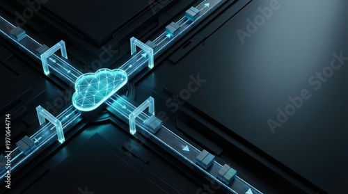 Governed cloud transition system with protected data routes and secure checkpoints in blue enterprise technology header with right copy space