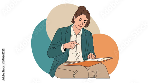 Woman in blazer reading a book, pointing at text, educational concept, abstract circles background