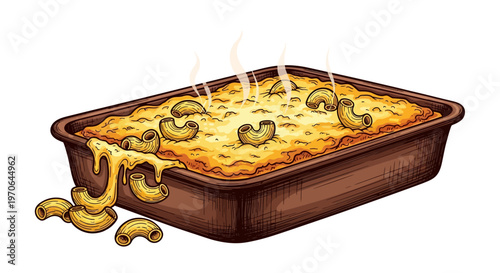 Illustration of a hot shepherd's pie in a brown ceramic dish