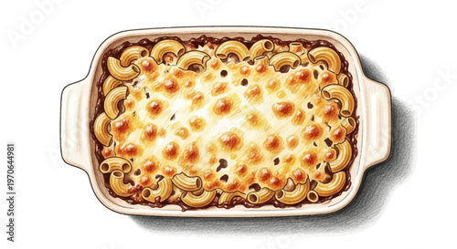 Macaroni and cheese casserole dish illustration with melted macaroni