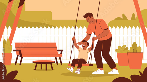 Father pushing child on swing in backyard with bench and plants, playground 