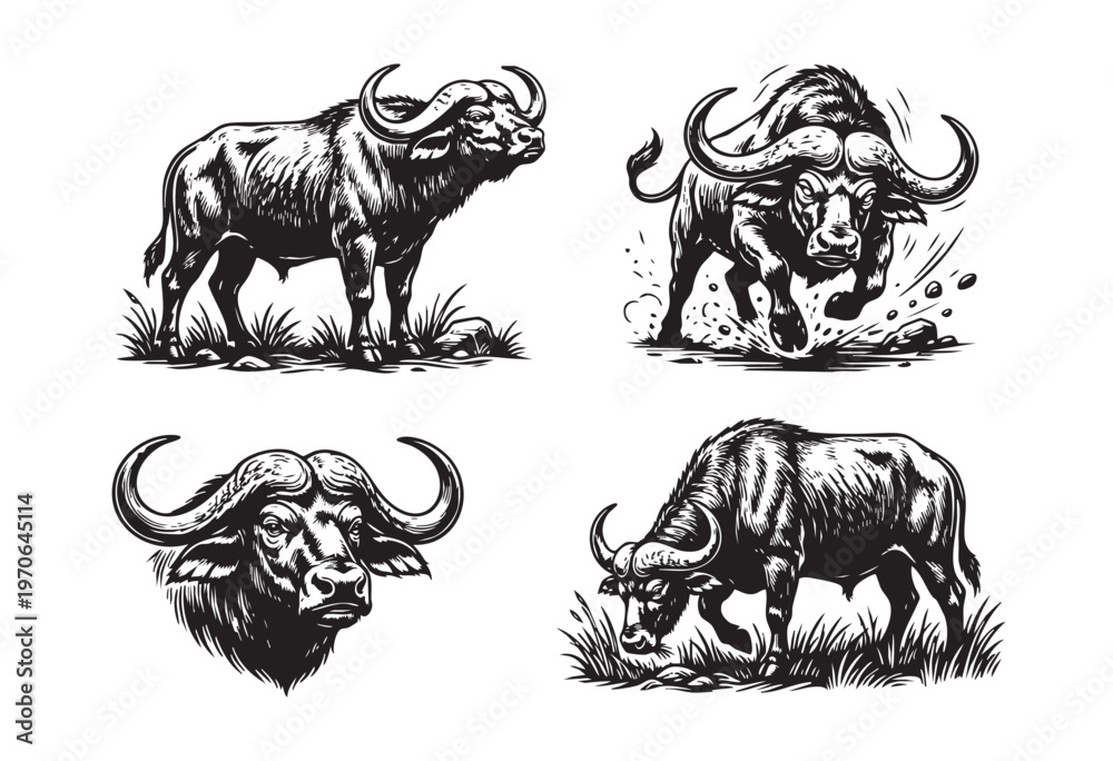 Fototapeta premium Set of 4 black and white African buffalo vector illustrations. Features grazing, charging, and portrait poses in a detailed vintage engraved style.