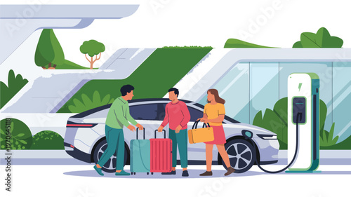 People with luggage at an electric car charging station with modern architecture travel
