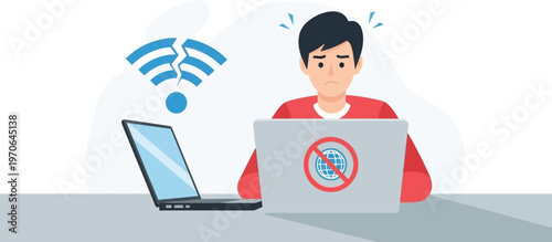 Digital Disconnect: A person faces the frustration of a broken wireless connection, symbolized by a disrupted icon, alongside a closed internet symbol.
