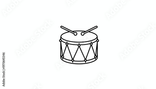 Simple Line Art Drum with Drumsticks, Isolated on White Background