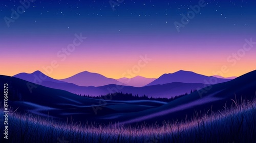 Vibrant twilight over layered mountains and valleys with starry sky transitions into warm hues