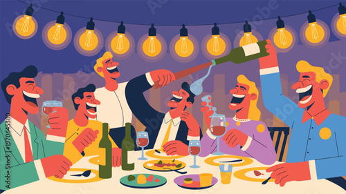 Group of people celebrating with wine and food under string lights, a celebration party gathering