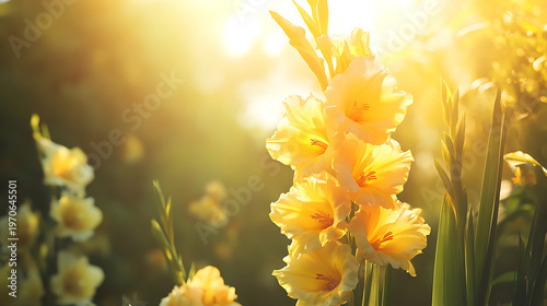 Sunlight illuminates the bright yellow gladiolus flower in a serene natural setting