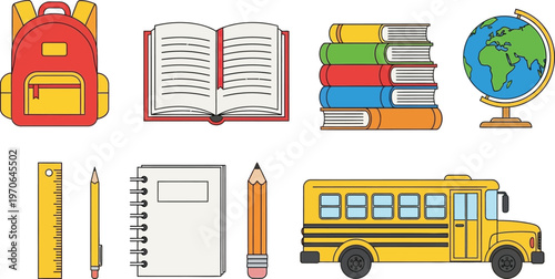 School Icons: A vibrant assortment of educational essentials, including a backpack, book, stacked books, globe, ruler, pencil, notepad, pencil, and school bus.