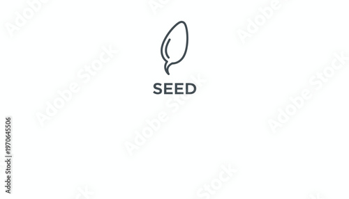 Simple Line Art Icon of a Seed with the word SEED below, representing growth, potential, and new beginnings.