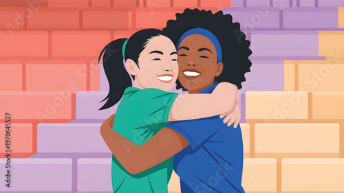 Two women hugging with eyes closed and smiling against a brick wall, embracing  female friendship