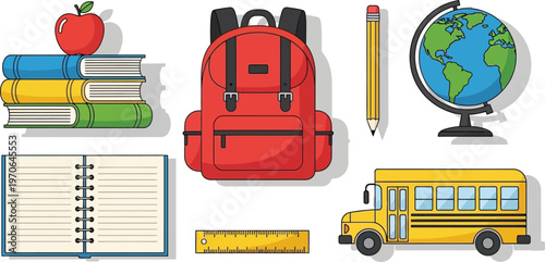 Back to School Essentials: A vibrant array of school supplies, including books, an apple, a backpack, pencil, globe, notebook, ruler and school bus, ready to equip students for a new academic year.