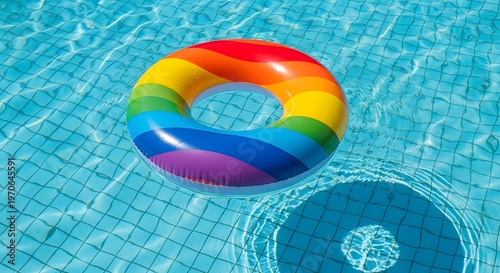 Vibrant rainbow inflatable ring floating serenely on the crystal-clear blue water of a sun-drenched swimming pool, casting playful shadows on the tiled bottom, symbolising summer fun