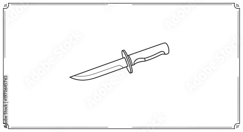 Outline illustration of a hunting knife with a sharp blade and handle, isolated on white background.