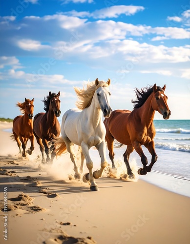 Four horses run wild on a sandy beach, near the ocean.  Sunlight illuminates their coats, and wind catches their manes
