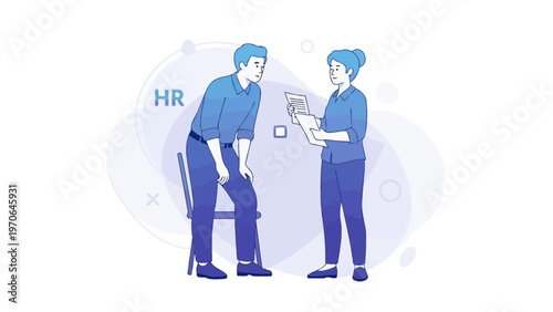 HR professional interviews candidate, man sitting, serious discussion, office setting