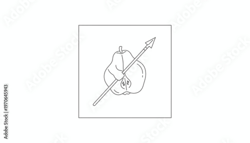 Pear pierced by a spear, minimalist line art, symbolic representation of challenge or overcoming obstacles.