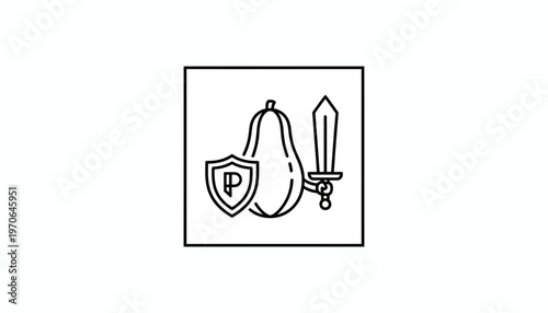 Pear Shield Sword Icon: Healthy Food Protection, Organic Produce Defense, Vitamin Power