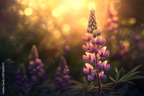 The purple lupine flowers bloom brightly as golden sunlight filters through the vibrant foliage